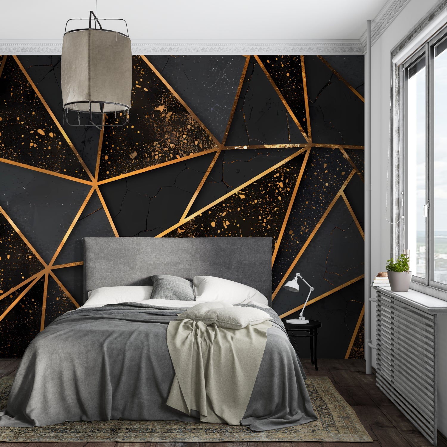 Black and gold geometric wallpaper creating depth in a minimalist dining room