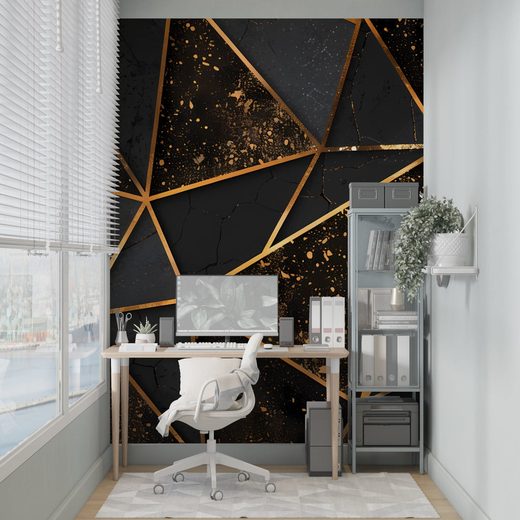 3D cube wallpaper adding luxury to a home office with gold accents