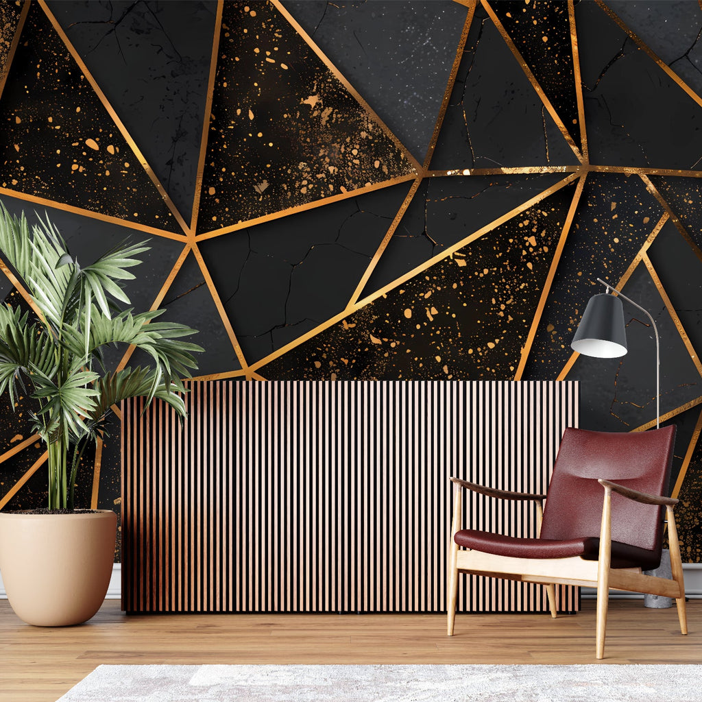 Black and gold 3D geometric pattern in an elegant hallway setting