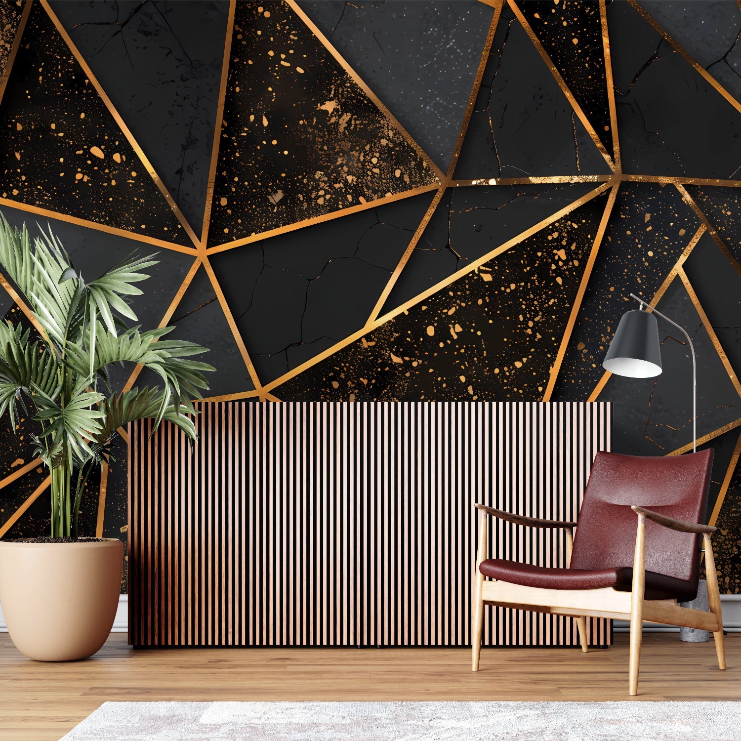 Black and gold 3D geometric pattern in an elegant hallway setting