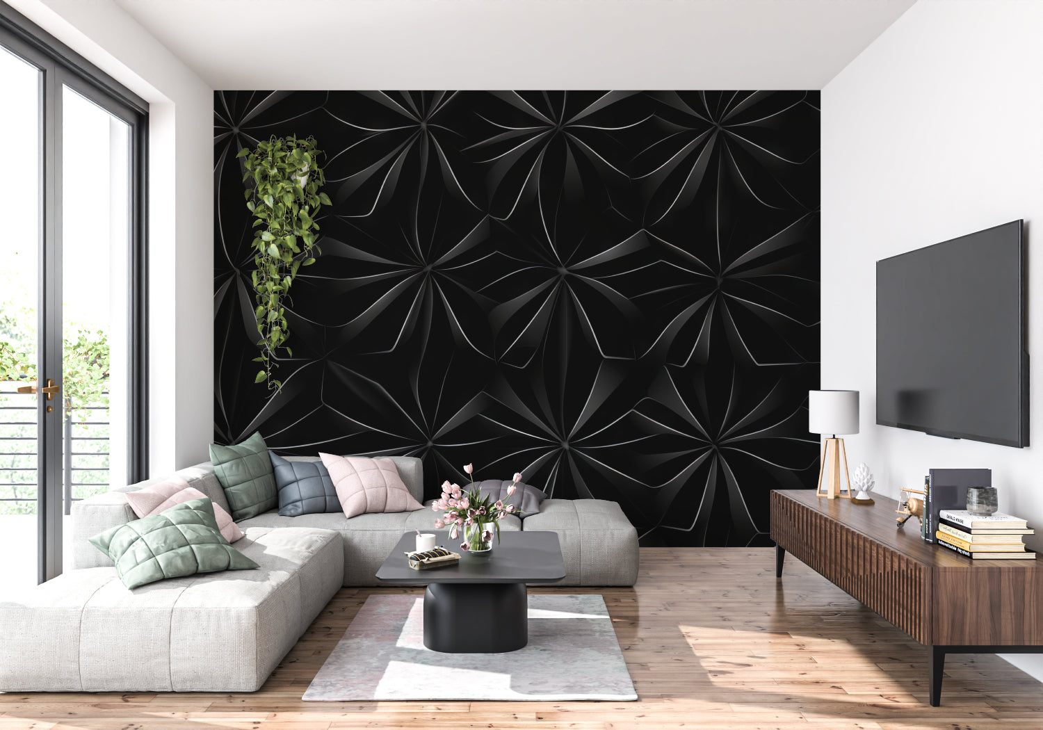 Geometric black floral wall mural in luxury master bedroom with modern furniture