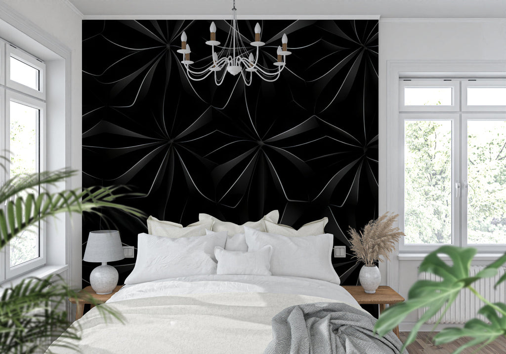 Modern office space featuring 3D black geometric pattern wallpaper and clean lines
