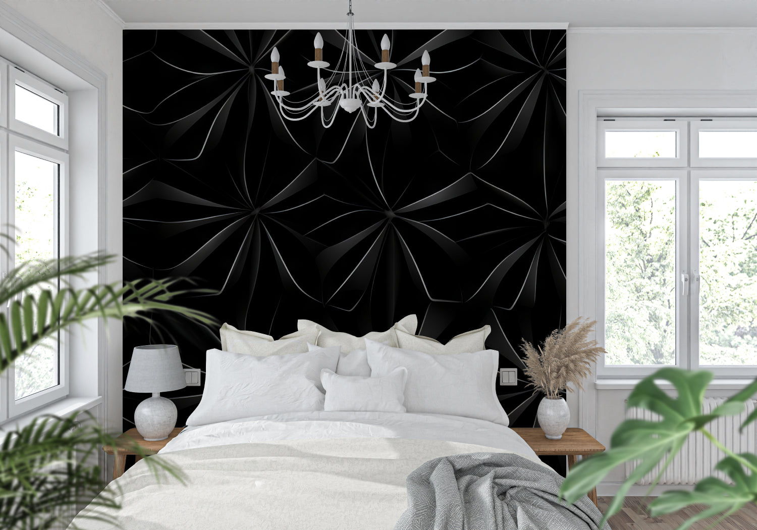 Modern office space featuring 3D black geometric pattern wallpaper and clean lines