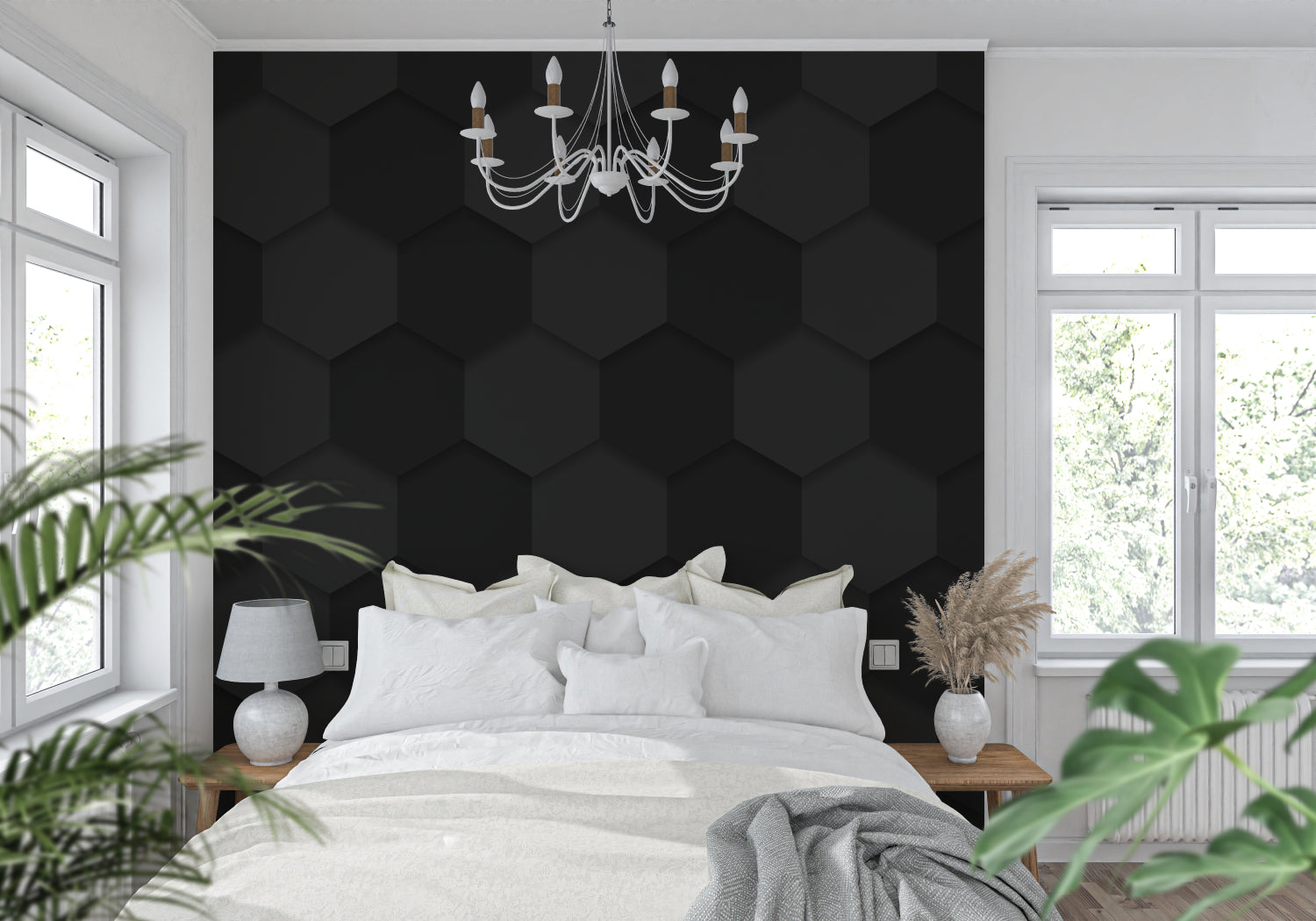 Home office featuring black 3D honeycomb wallpaper in modern setting