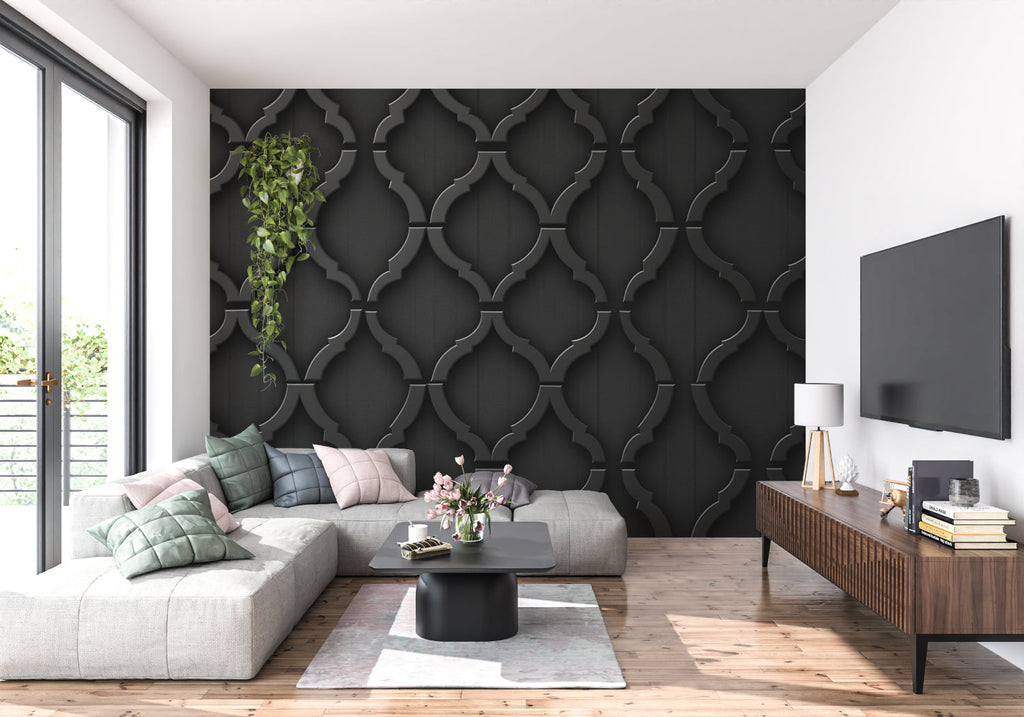 Hallway showcasing black 3D lattice wallpaper with dramatic lighting effects
