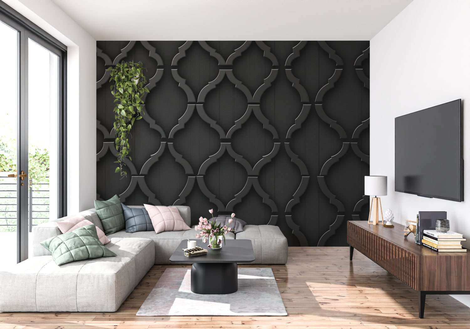Hallway showcasing black 3D lattice wallpaper with dramatic lighting effects