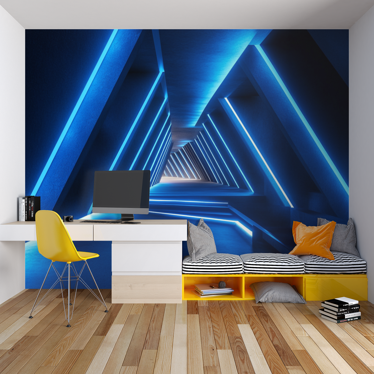 Blue 3D tunnel wallpaper transforming gaming room with futuristic atmosphere