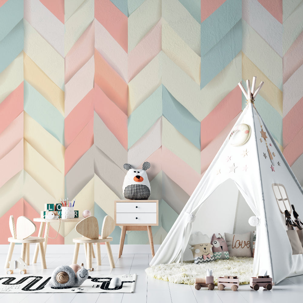 3D pastel geometric wallpaper adding visual interest to a modern home office