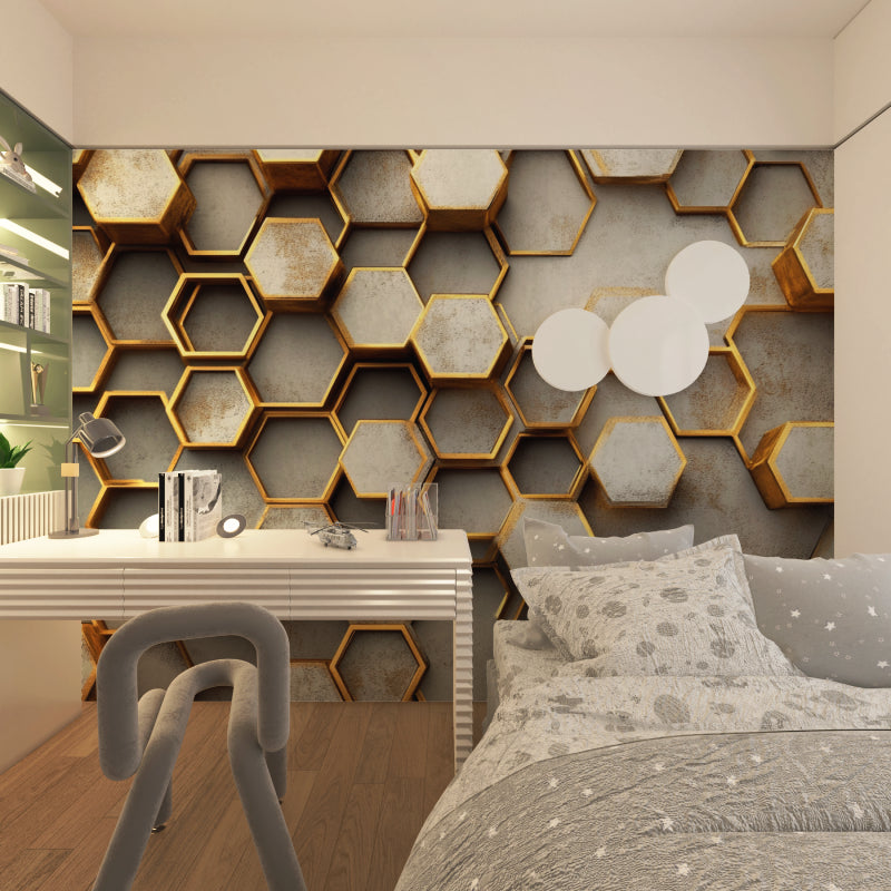 3D Gold Pattern Wallpaper in hallway with natural lighting