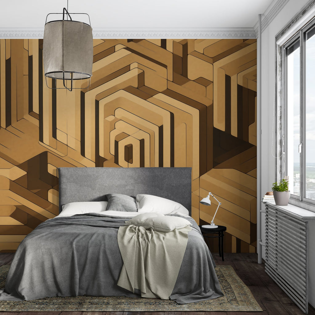 3D geometric wallpaper creating depth in modern living room, golden maze pattern adds luxury feel