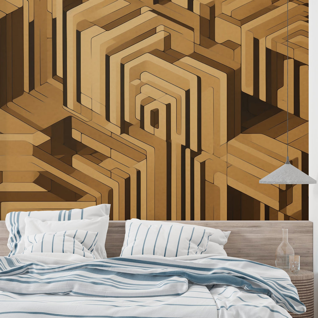 Golden geometric wallpaper in office space, 3D labyrinth design adds professional touch