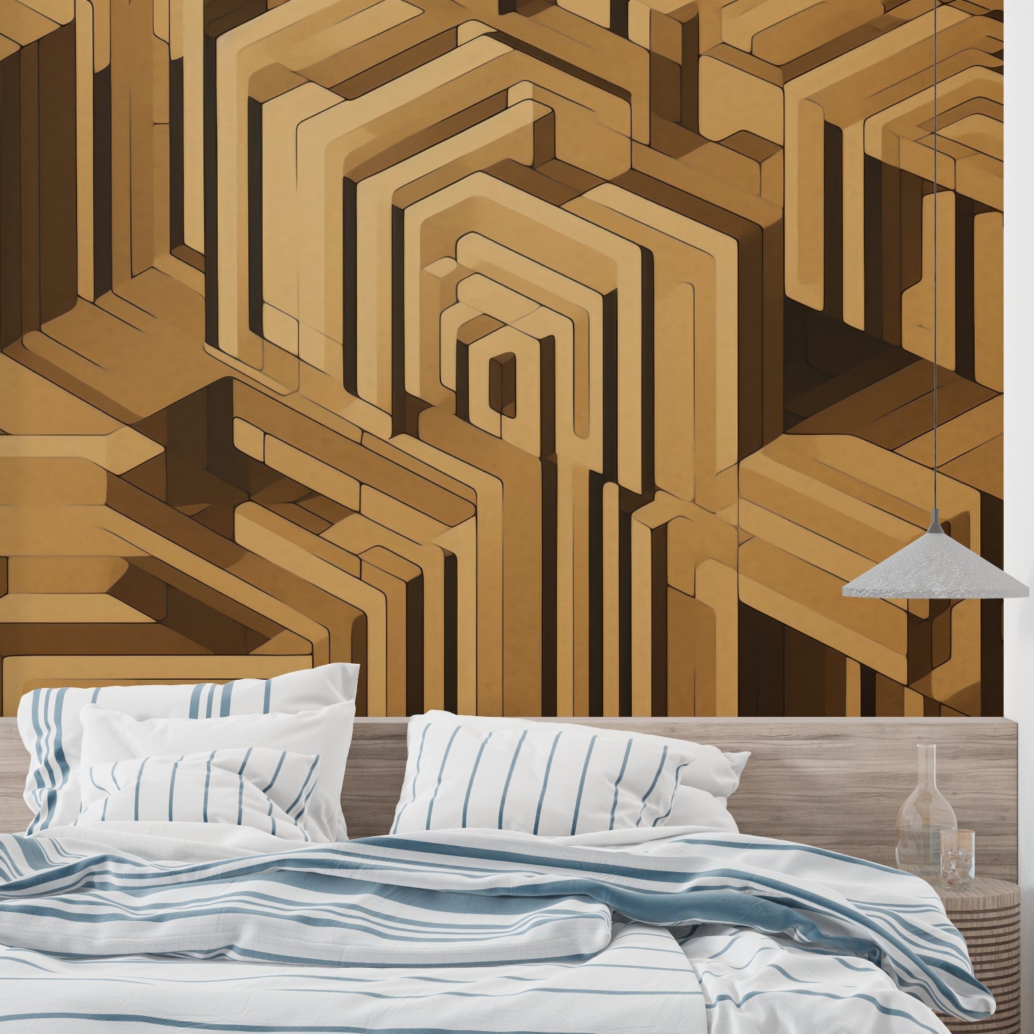 Golden geometric wallpaper in office space, 3D labyrinth design adds professional touch