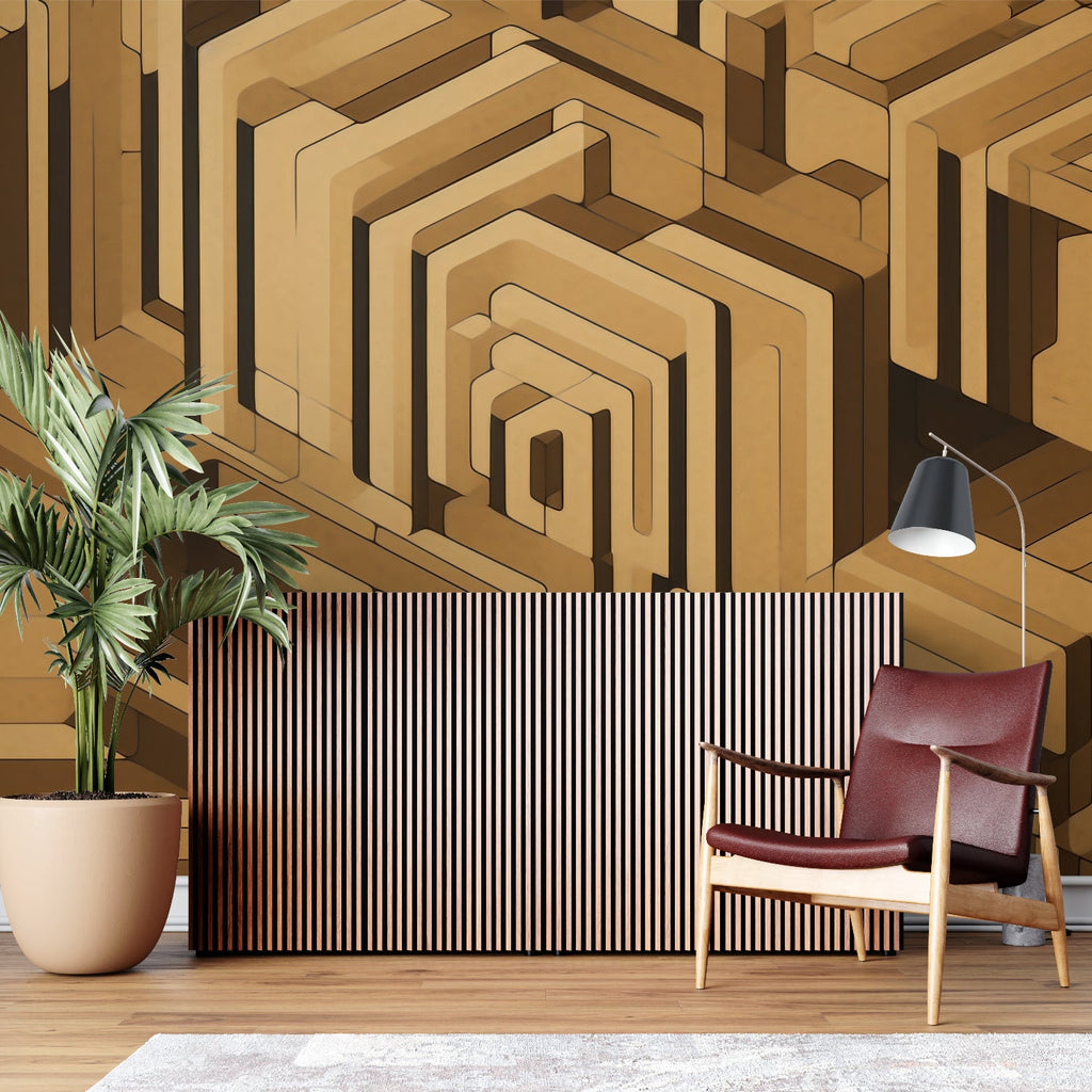 3D maze wallpaper in dining room, golden tones enhance evening lighting