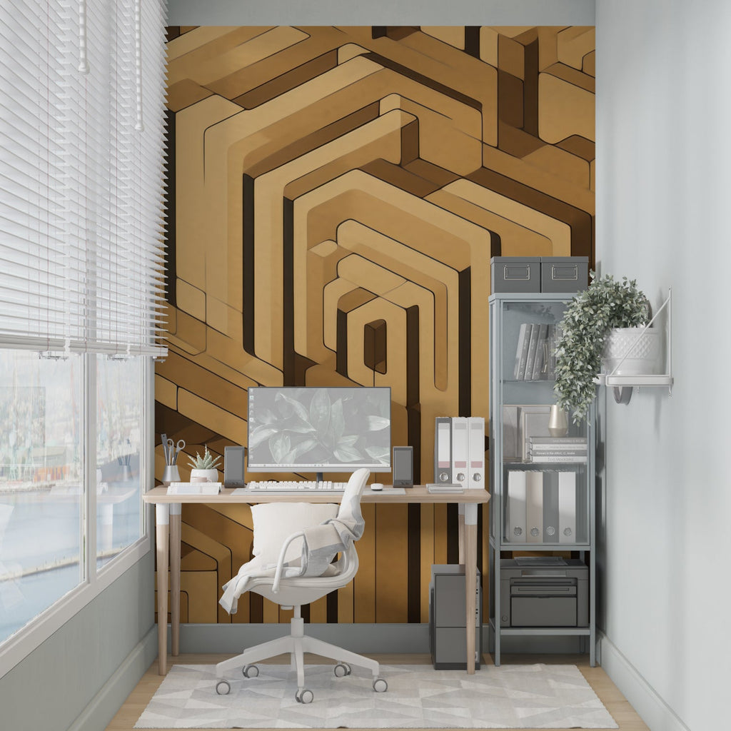 Geometric wall mural in bedroom, golden 3D pattern creates cozy atmosphere