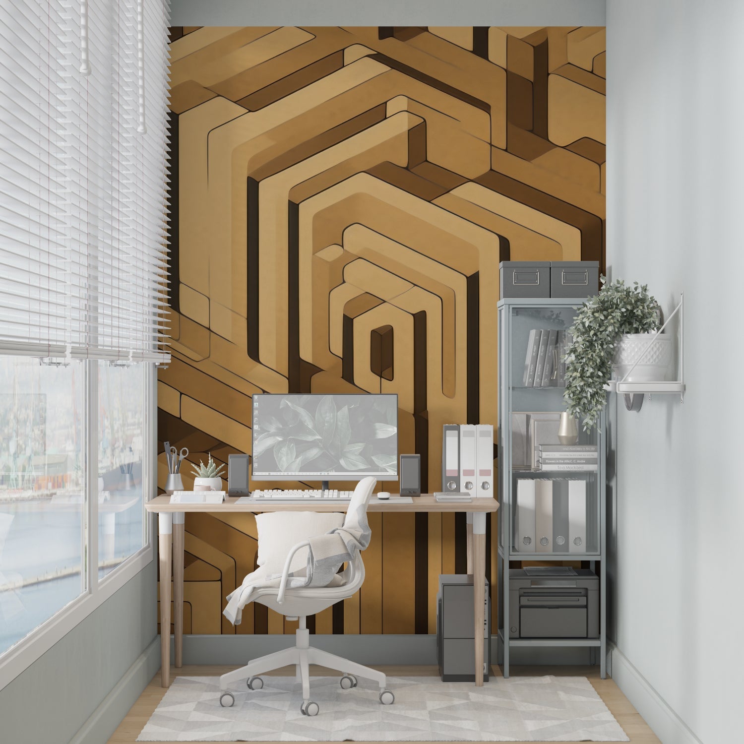 Geometric wall mural in bedroom, golden 3D pattern creates cozy atmosphere