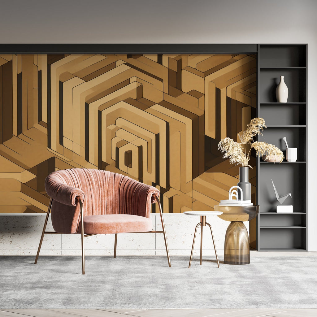 Modern hallway with 3D geometric wallpaper, golden maze design adds depth