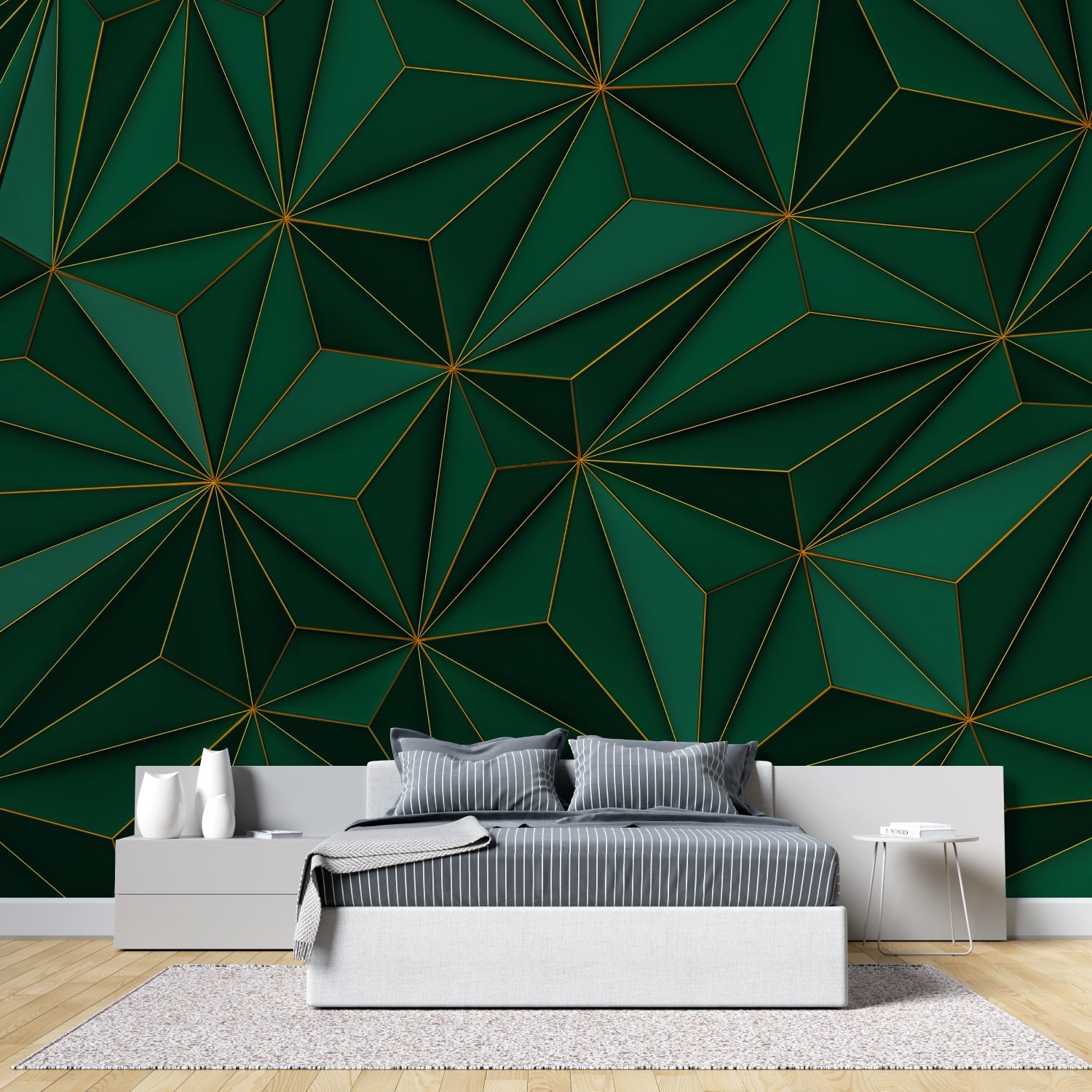 Geometric pattern wallpaper adding luxury to a master bedroom feature wall