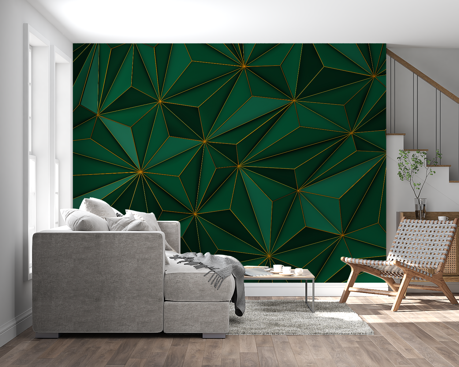 Modern geometric wallpaper in an entrance hall with gold accents