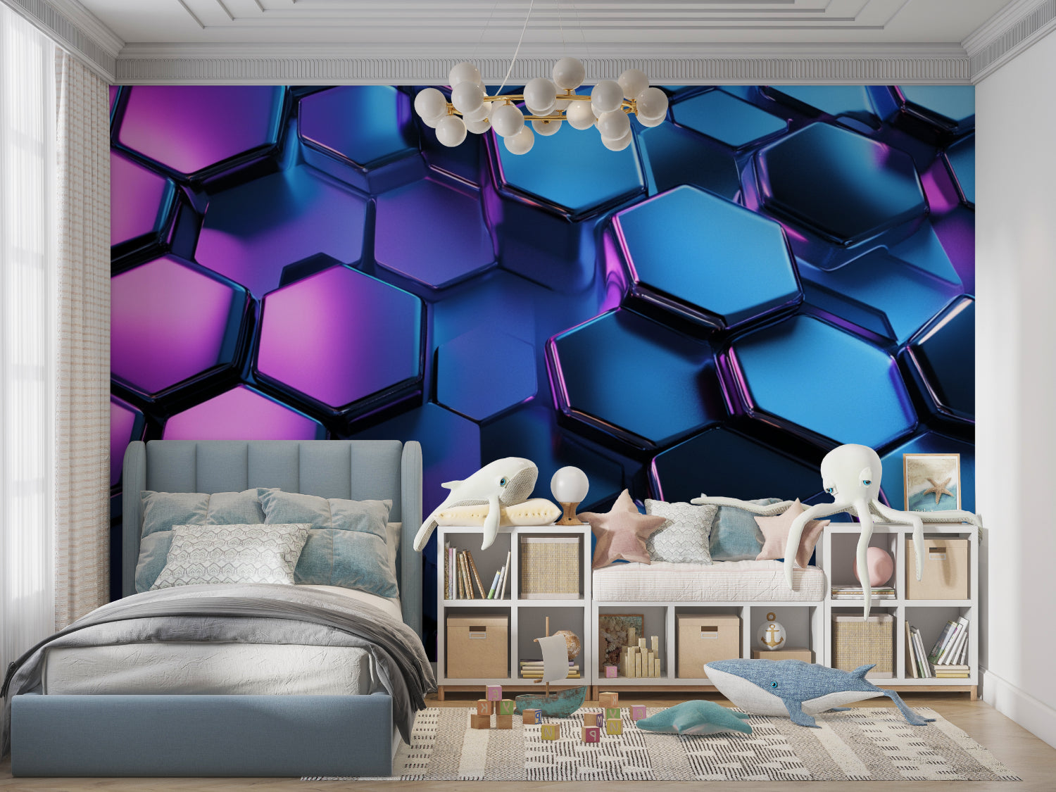 Modern living room featuring 3D geometric hexagon wallpaper in blue and purple, creating depth against minimal furniture