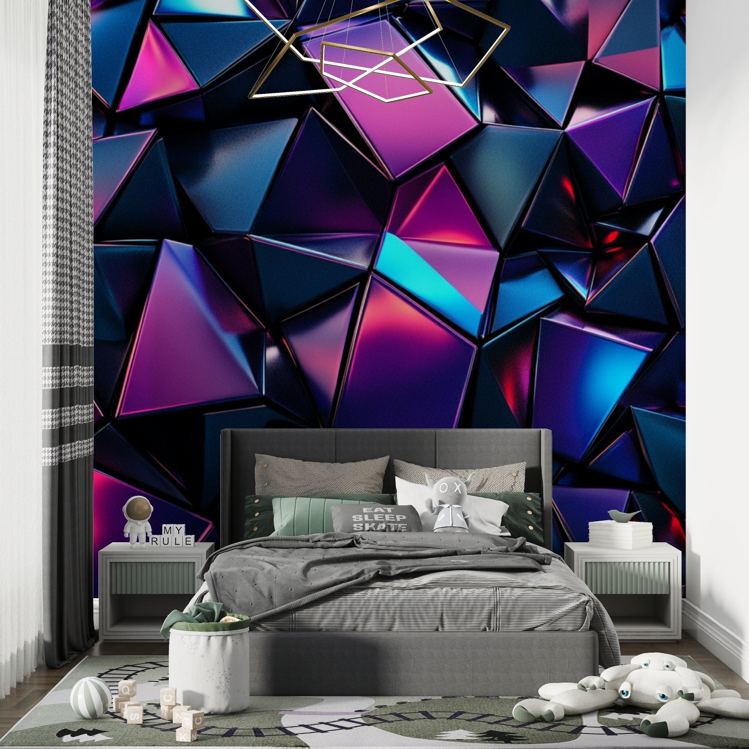 3D neon pattern transforming a creative studio space