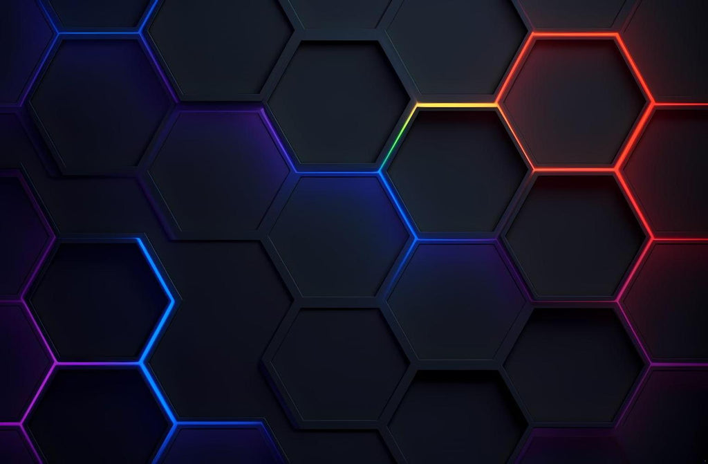 3D geometric hexagon pattern design file showing neon edges and gradient effects