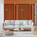 Modern geometric 3D arch wallpaper creating depth in a minimalist living room with natural light