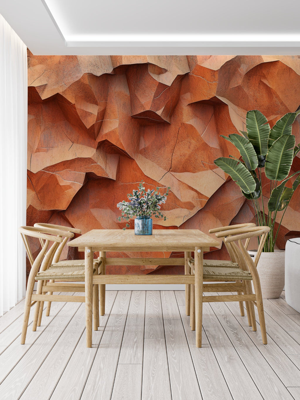 3D geometric terracotta stone wallpaper creating depth in a modern living room with minimal furniture