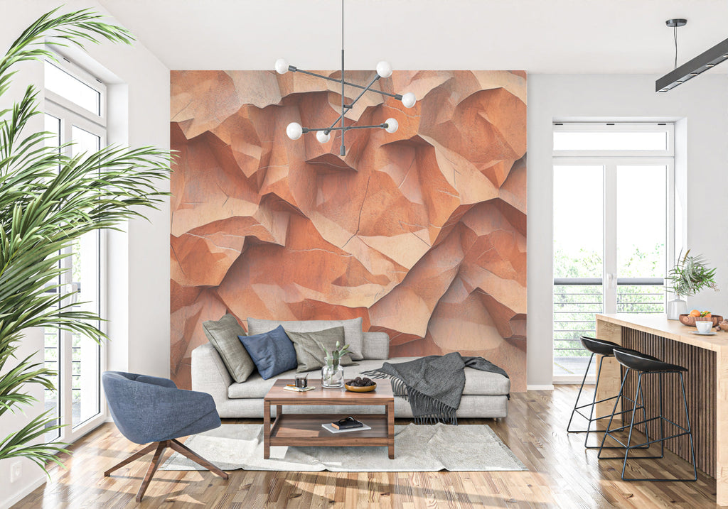 Terracotta stone effect wallpaper in a sunny dining room showing dramatic shadows
