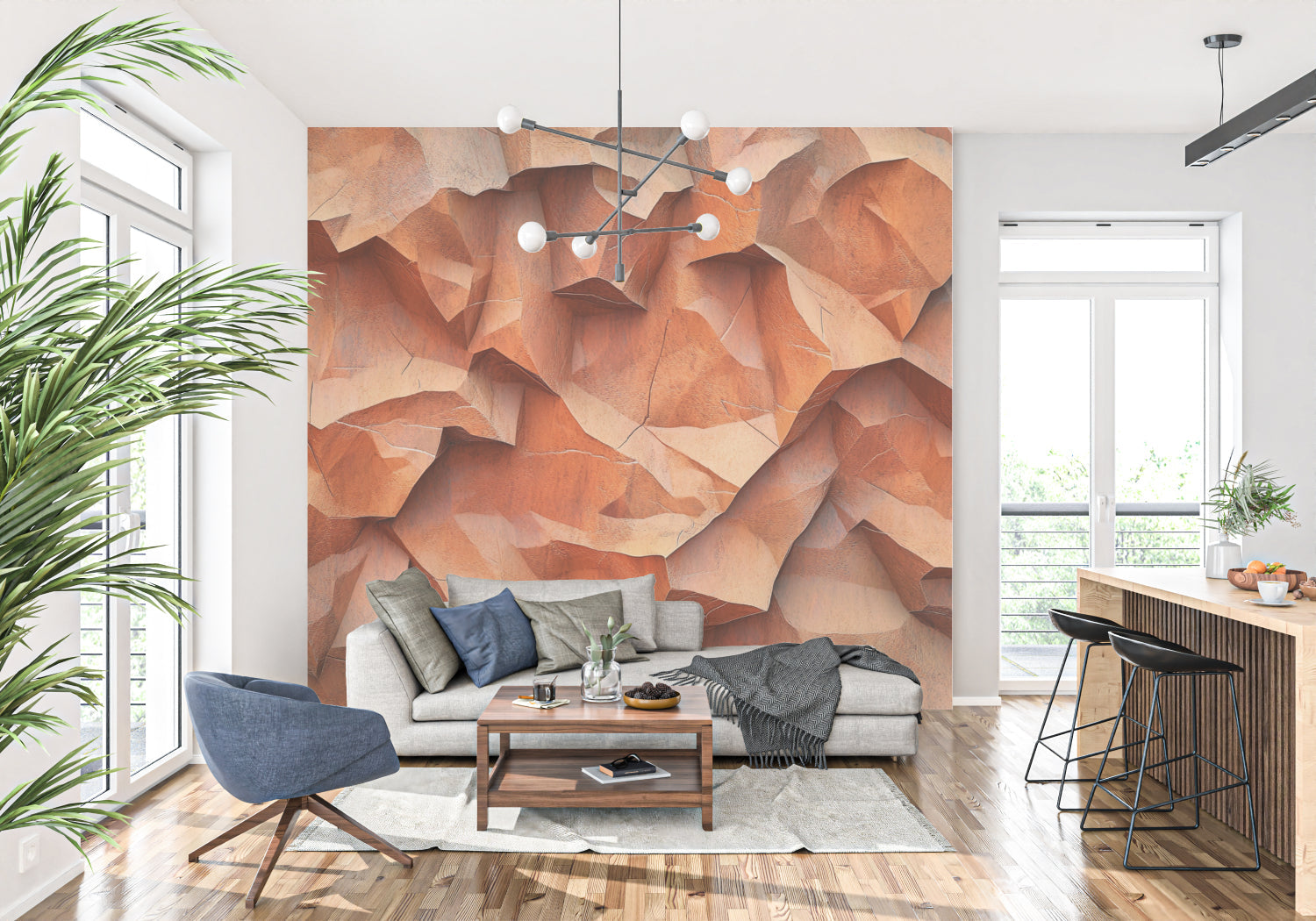 Terracotta stone effect wallpaper in a sunny dining room showing dramatic shadows