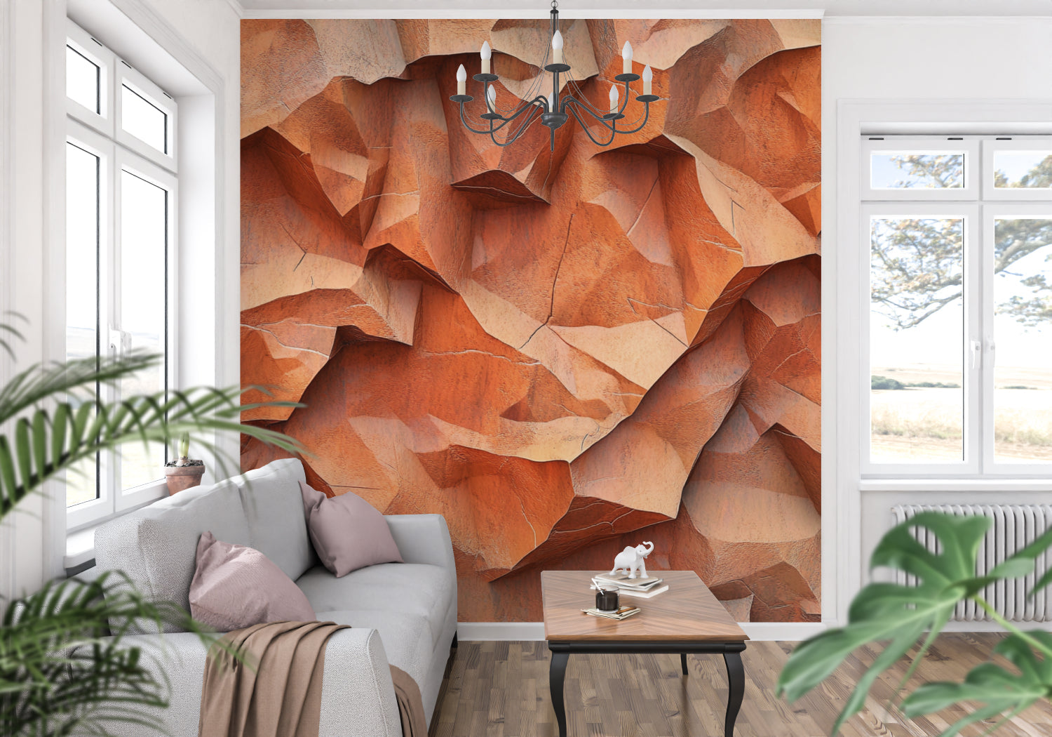 Stone effect wallpaper creating an accent wall in a modern bedroom