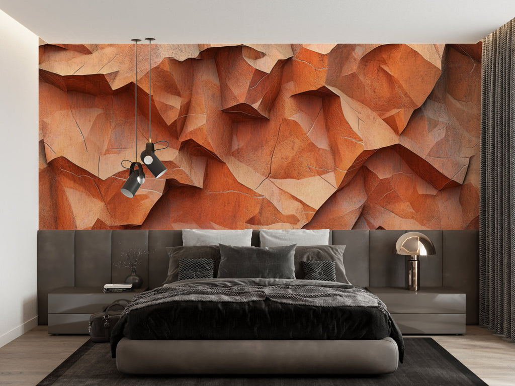 Geometric terracotta wallpaper in an entryway showing 3D depth effect