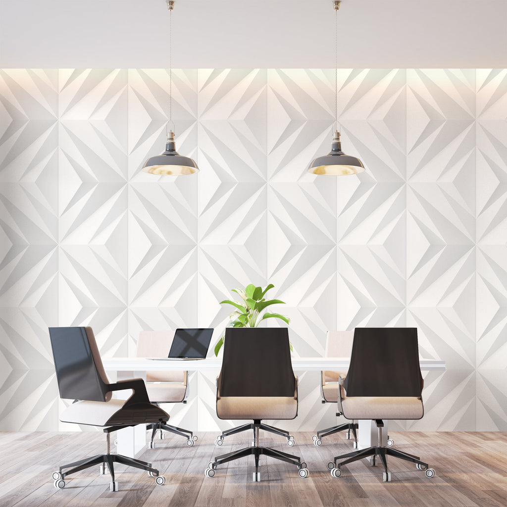 3D diamond pattern wallpaper in an office space with natural lighting highlighting the geometric shapes