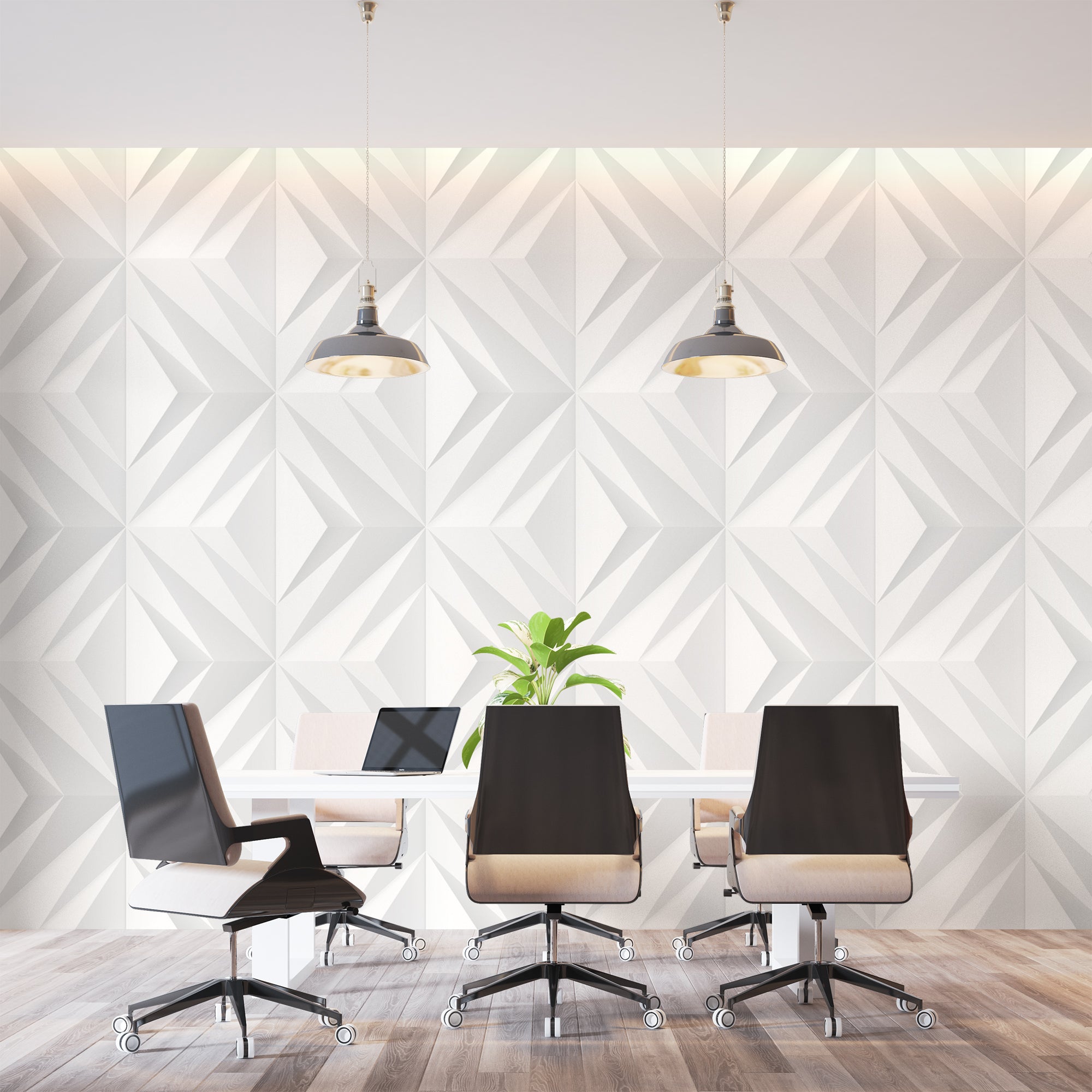 3D diamond pattern wallpaper in an office space with natural lighting highlighting the geometric shapes
