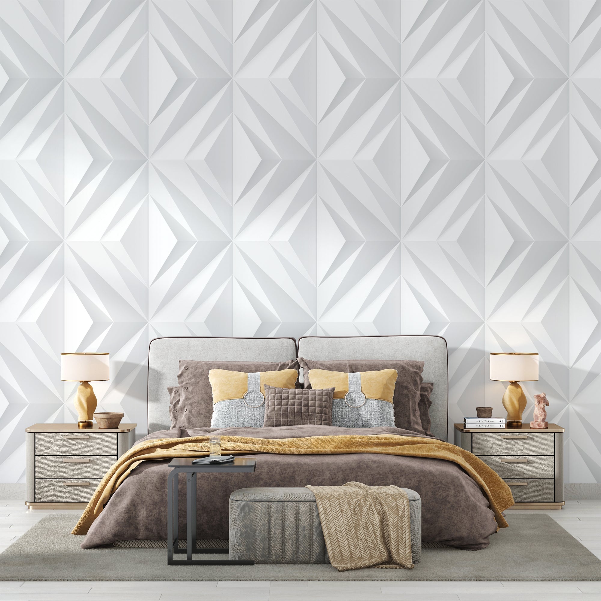 3D white diamond wallpaper in a modern bedroom creating an elegant feature wall