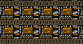 Geometric tribal wallpaper with gold and black patterns creating drama in a modern living room with leather furniture