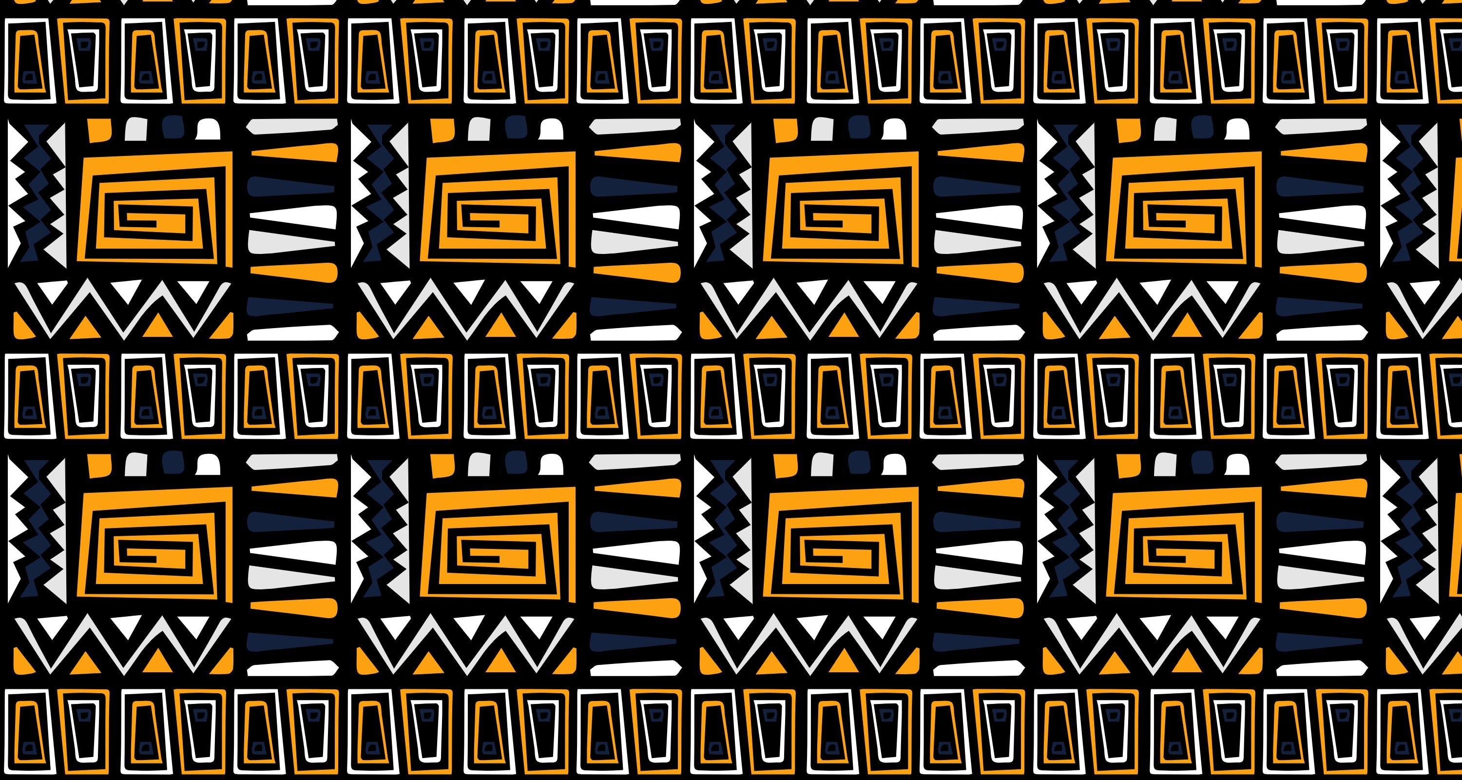 Geometric tribal wallpaper with gold and black patterns creating drama in a modern living room with leather furniture
