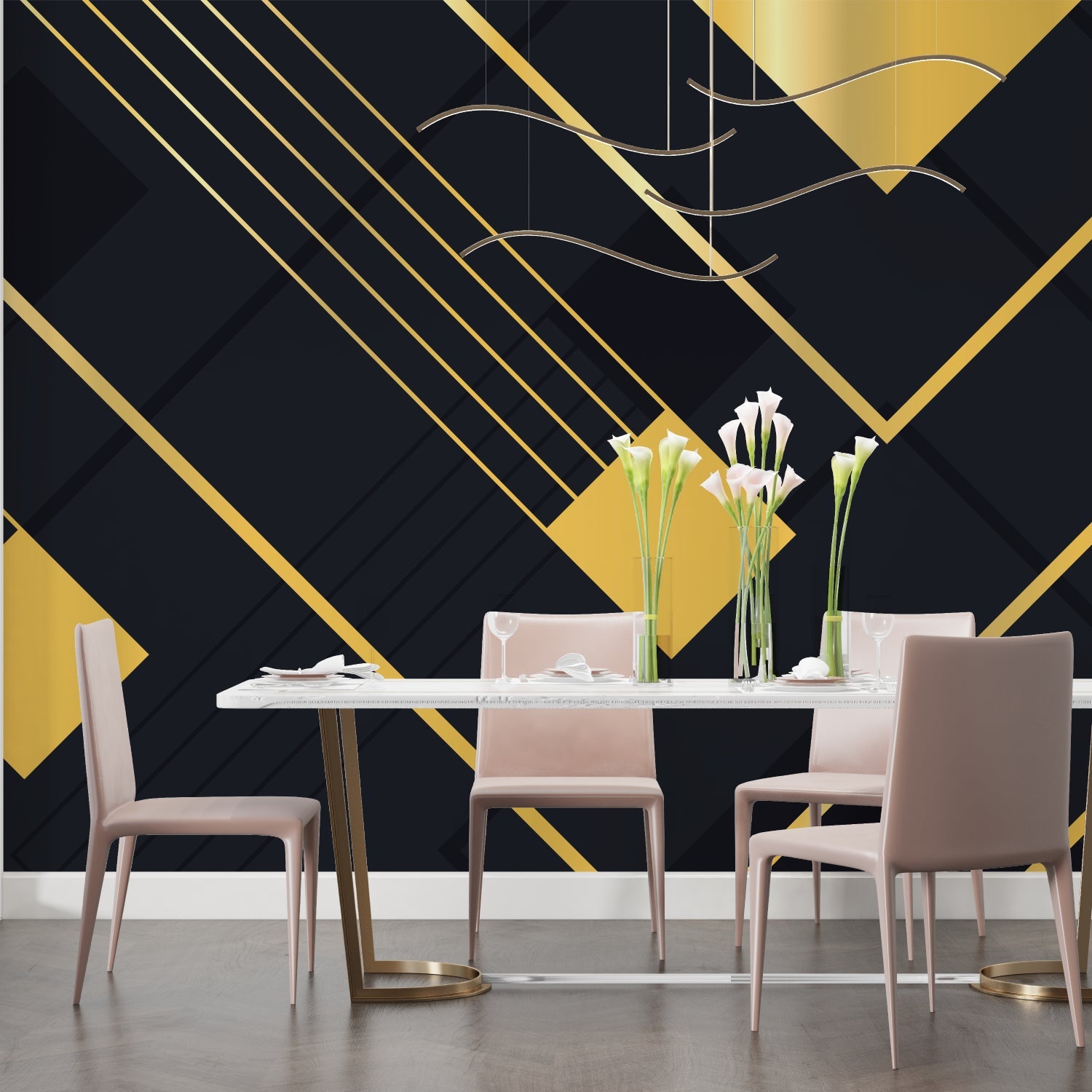Black and gold geometric pattern adding sophistication to master bedroom wall