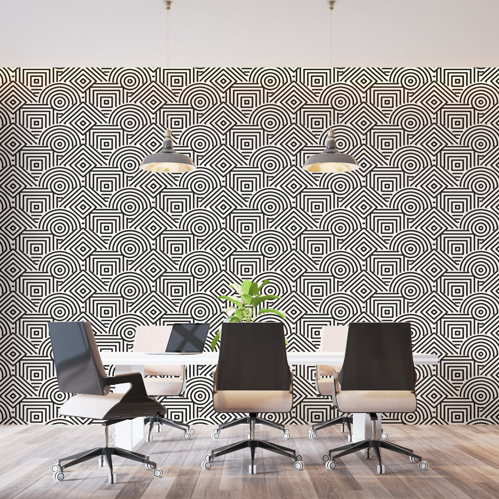 Modern geometric wallpaper in sleek living room showing black and white Art Deco pattern creating depth
