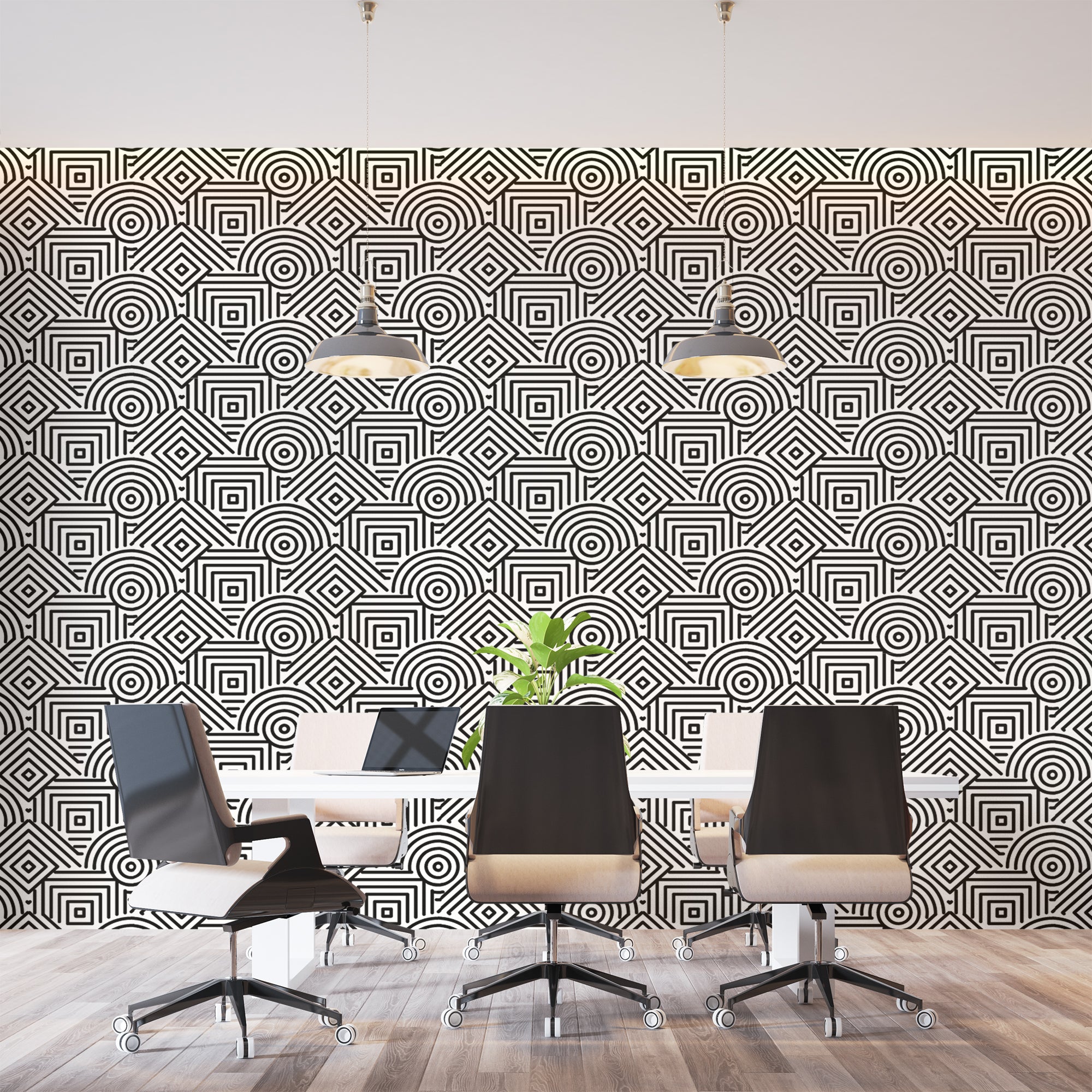Modern geometric wallpaper in sleek living room showing black and white Art Deco pattern creating depth