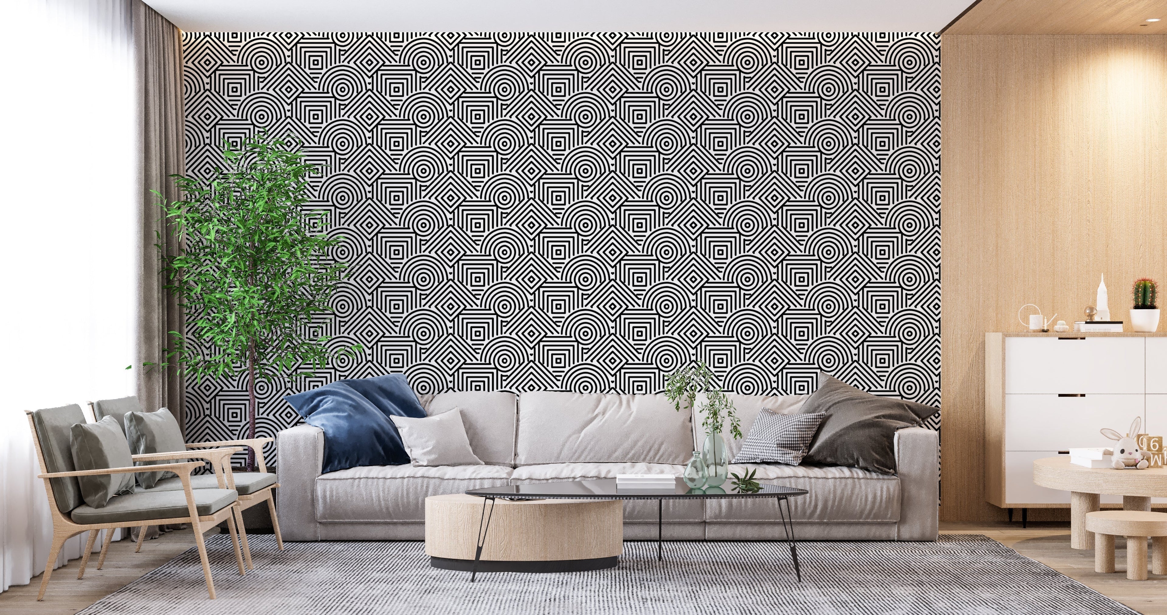 Art Deco geometric pattern wallpaper in dining room with dramatic contrast