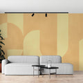 Geometric Art Deco wallpaper with curved shapes in beige tones creating an elegant atmosphere in a modern living room