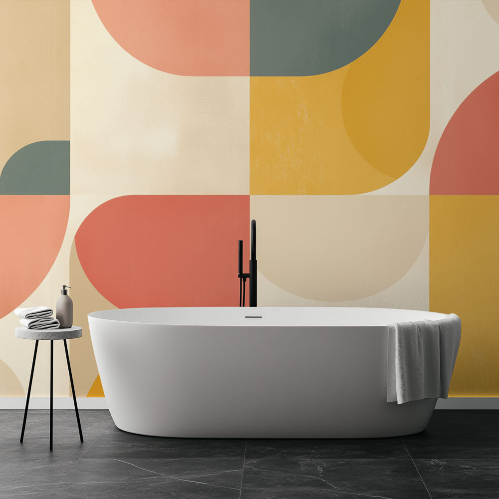 Geometric Art Deco wallpaper with curved shapes in pastel colors showcased in a bright modern living room setting