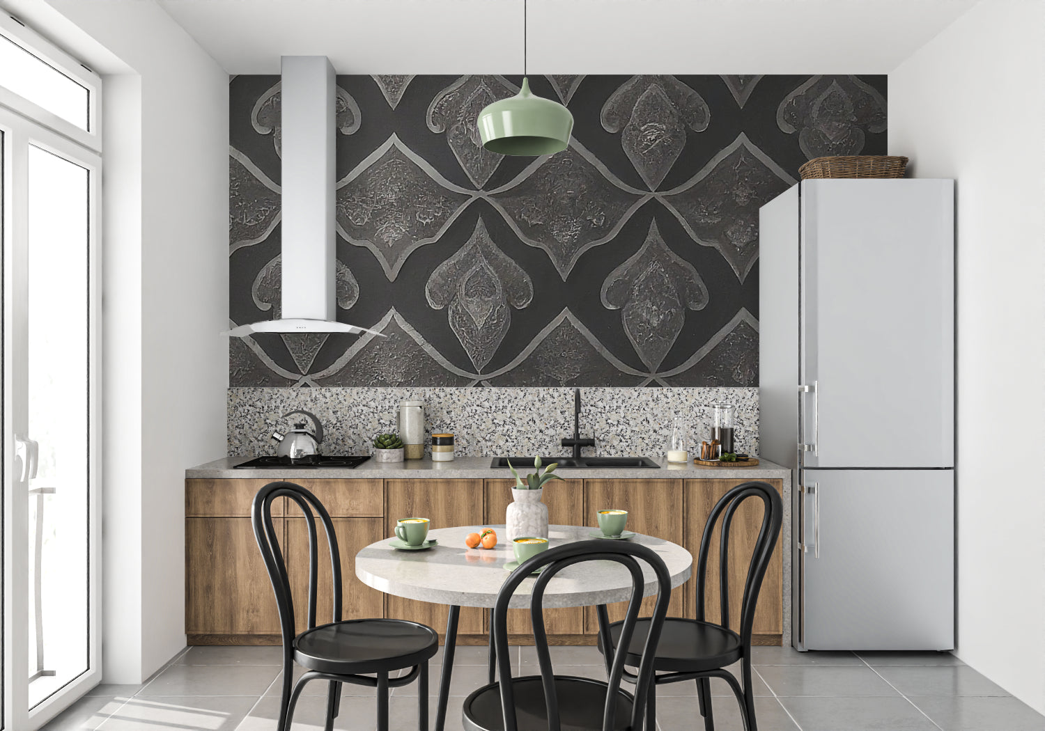 Diamond pattern wallpaper in elegant dining room with crystal chandelier