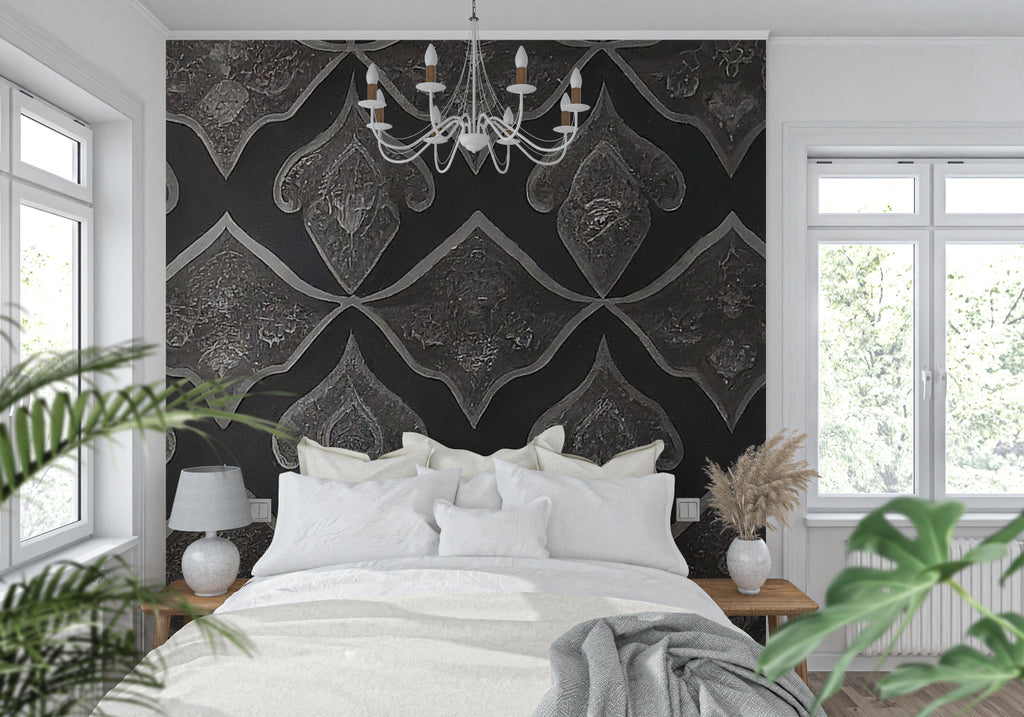 Art Deco geometric wallpaper in hotel lobby with modern furniture