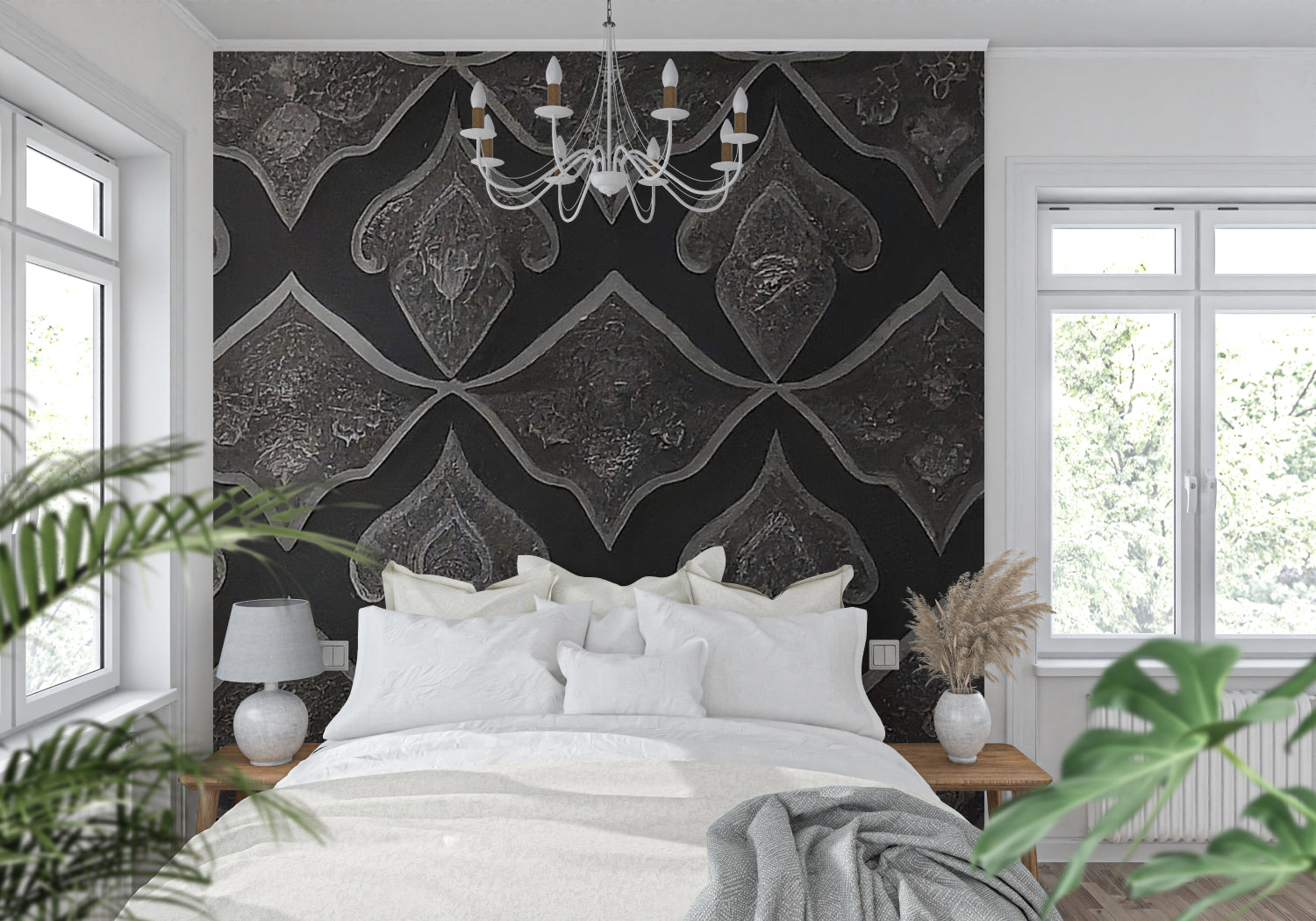 Art Deco geometric wallpaper in hotel lobby with modern furniture