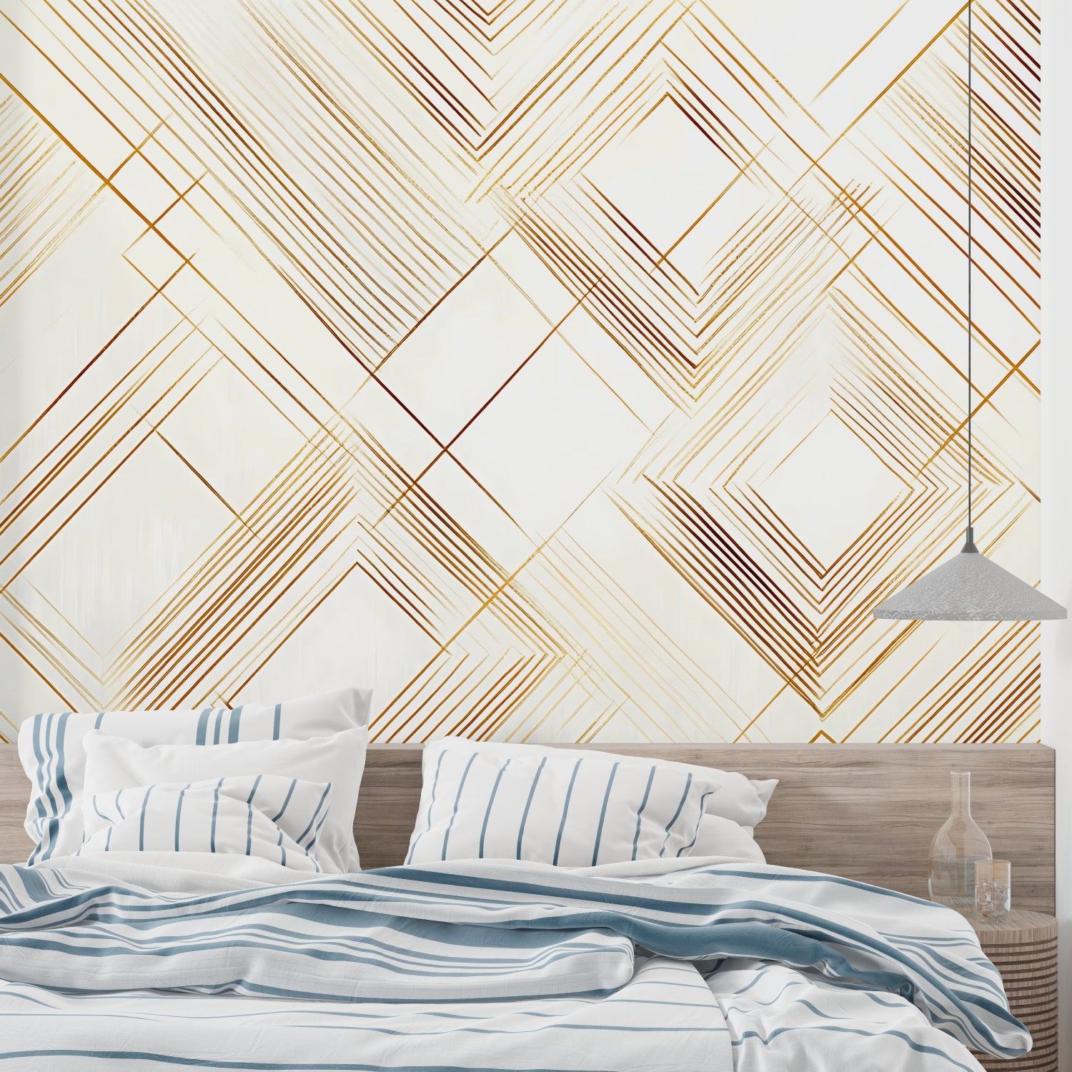Master bedroom with gold geometric wall mural creating luxury hotel feel