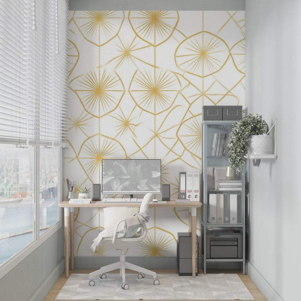 Gold sunburst pattern wallpaper adding glamour to dining room setting