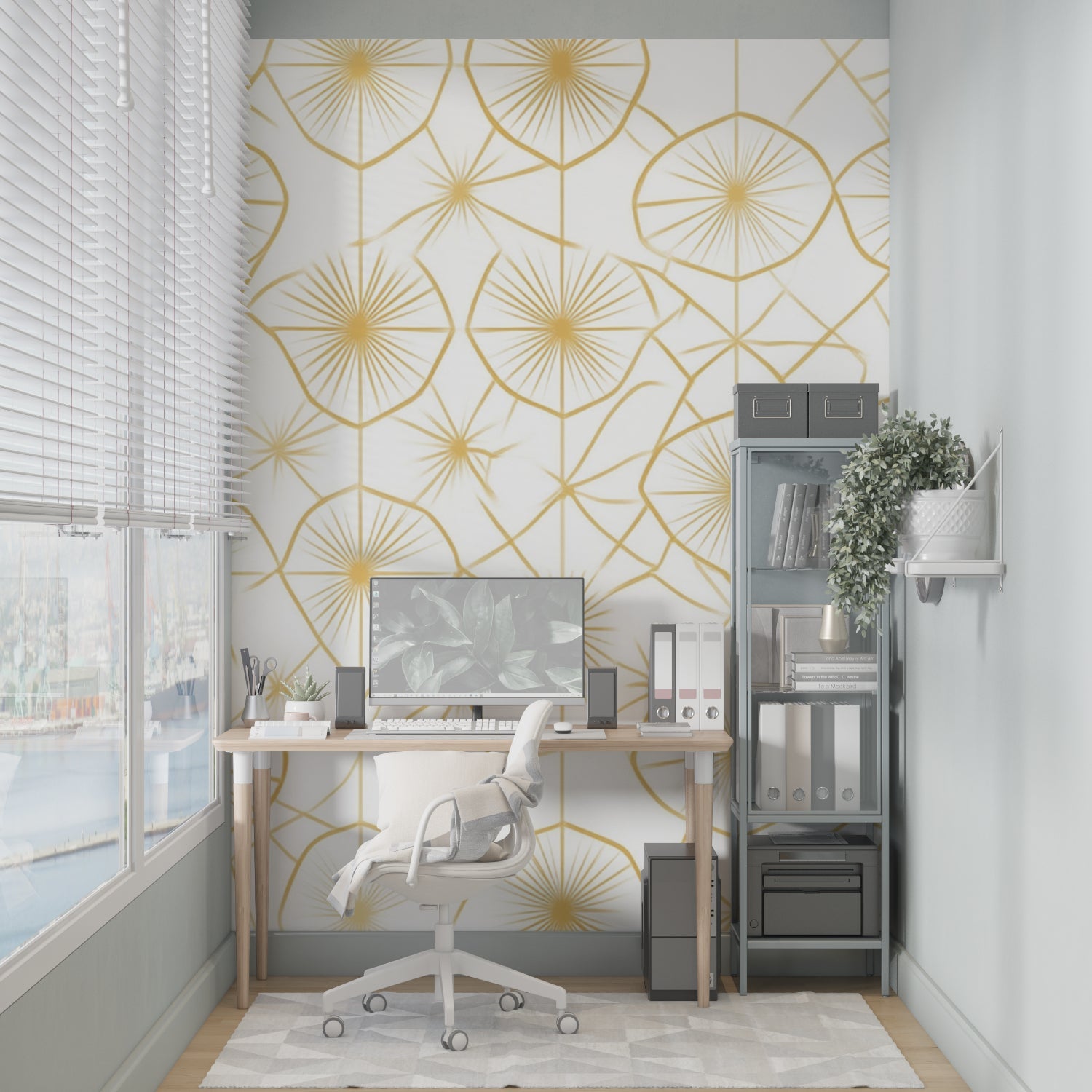 Gold sunburst pattern wallpaper adding glamour to dining room setting