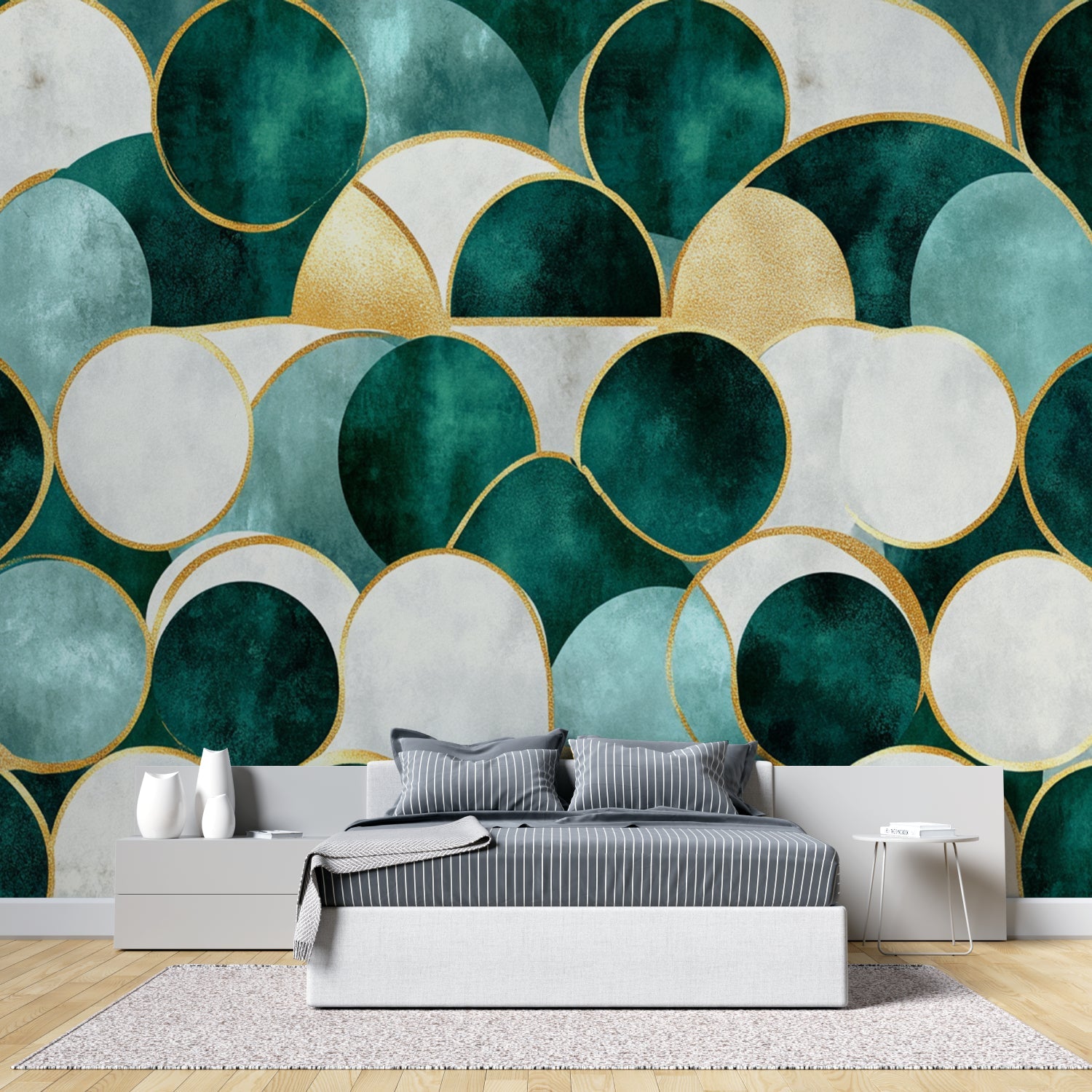 Art deco circle pattern wallpaper featured in luxury dining room setting