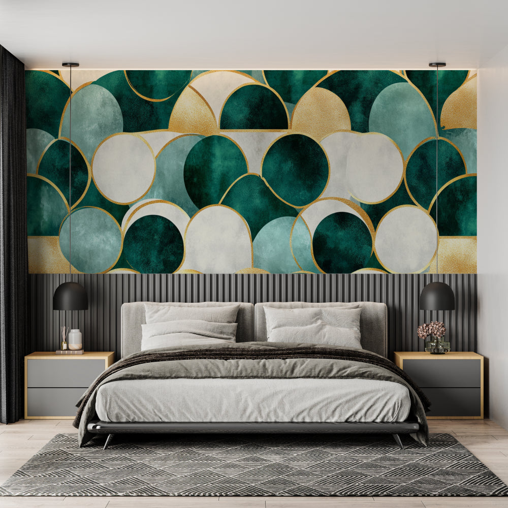 Geometric green and gold wallpaper adding depth to master bedroom wall